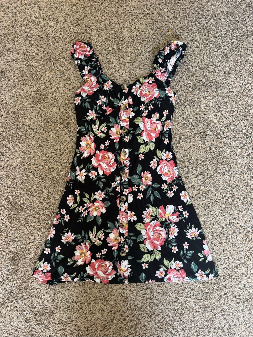 No Boundaries Black Floral Button-Front Dress with Pink Roses